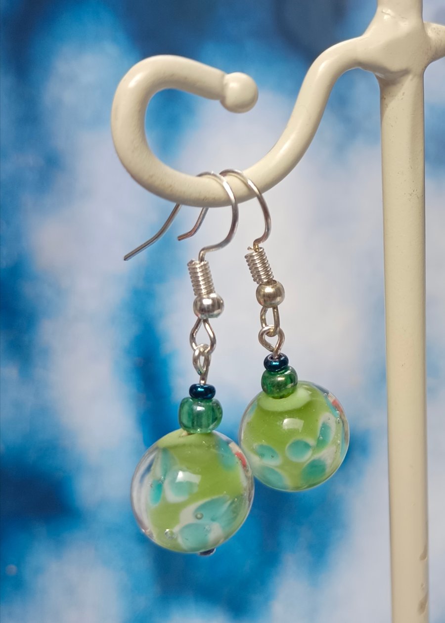 Dreamy Green Lampwork Glass Beaded Earrings