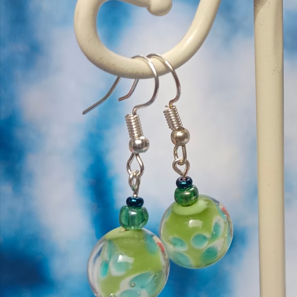 Dreamy Green Lampwork Glass Beaded Earrings