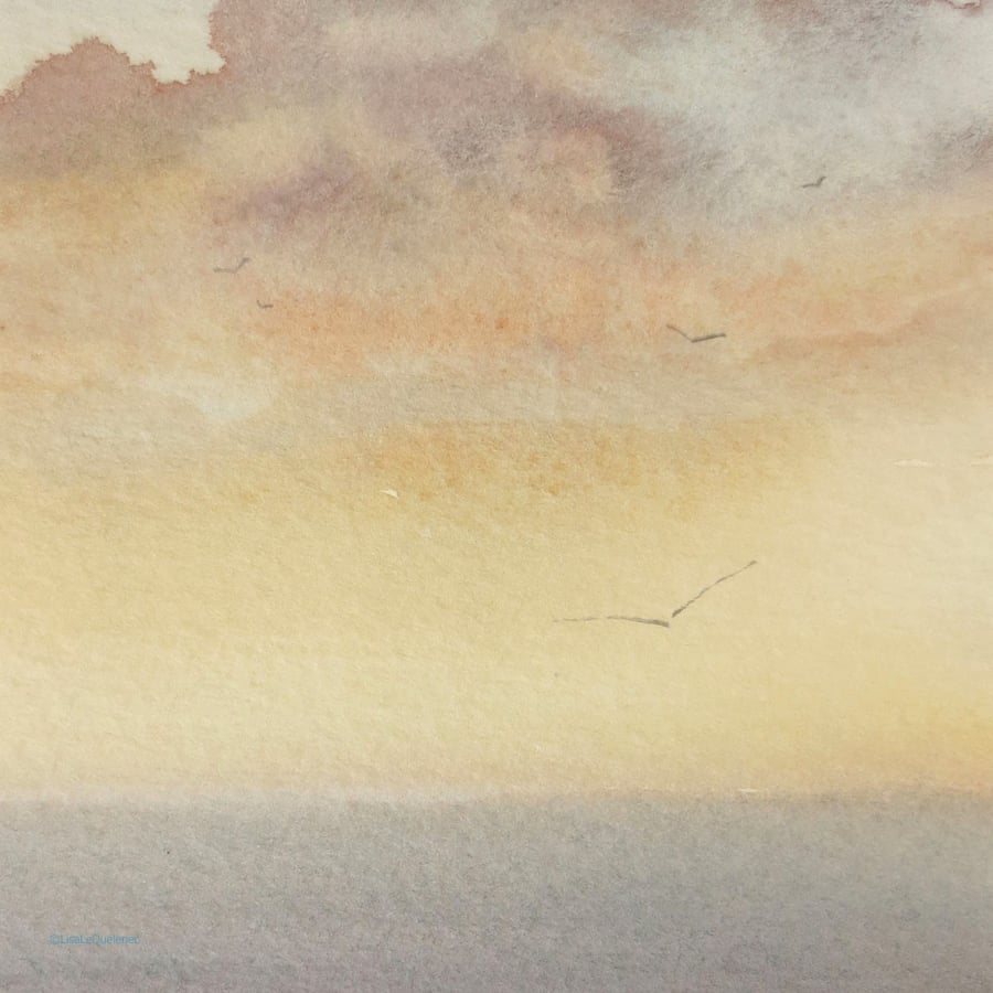 OOAK handpainted watercolour art card sunset and gliding gulls