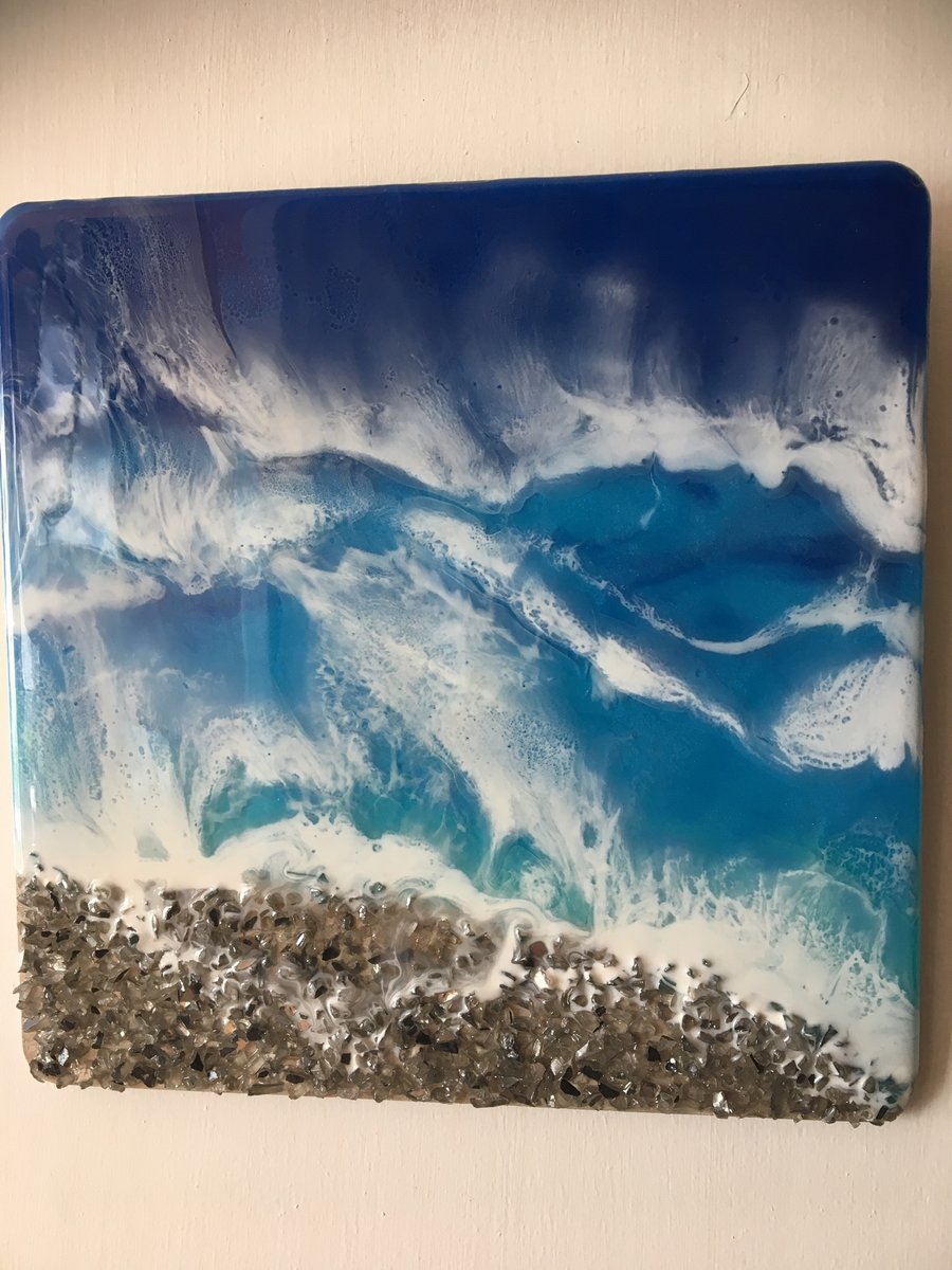 Seascape, resin art ,embellished  mirror glass chipping.
