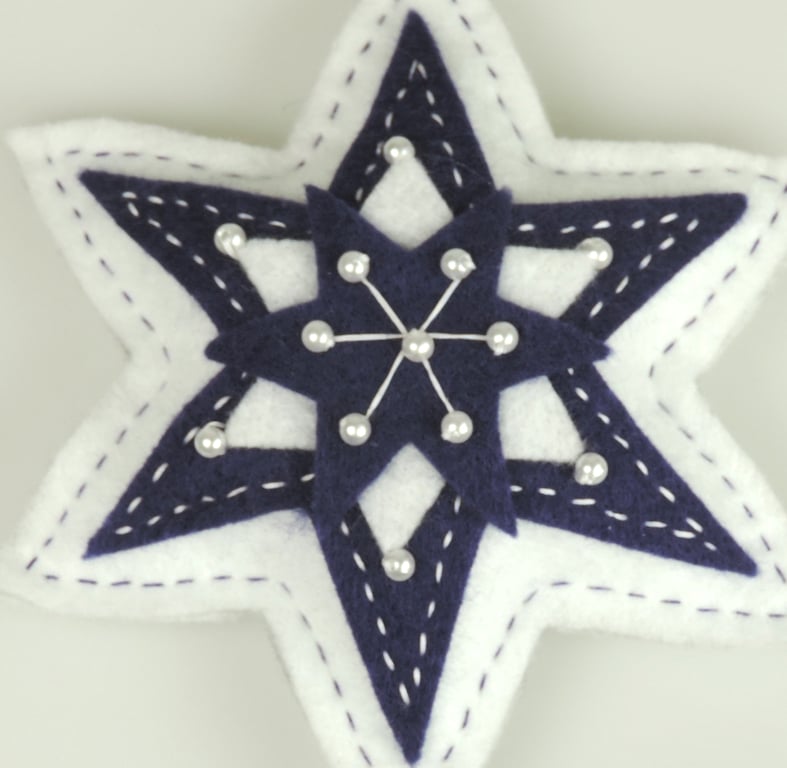 Large Felt Star, White & Navy, Handmade, embellished with faux Pearls