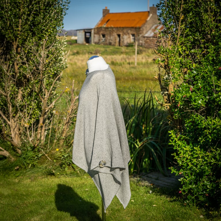 Highland Merino Silk Poncho - silver melange.  Grey knitted women's poncho. 
