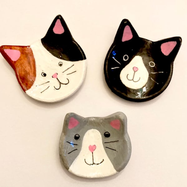 Set of 3 Cat Face Trinket Ring Dishes Cute Clay Cats Gift For Her