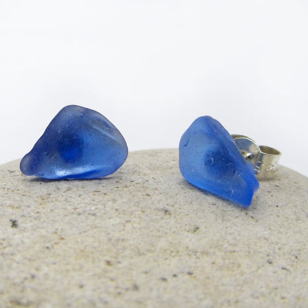 Sea Glass Stud Earrings - Blue - Handmade Scottish Sterling Silver Jewellery