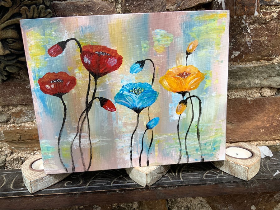 Poppies. Acrylic Painting on flat canvas. 10” by 10”