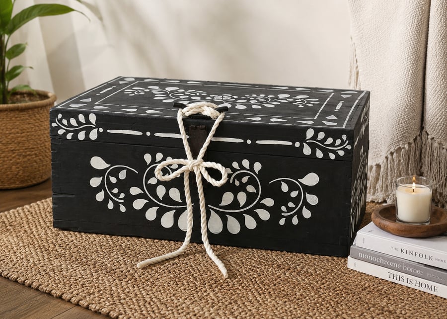 Hand-Painted Wooden Storage Box – Antique Nautical Fishing Boat Chest