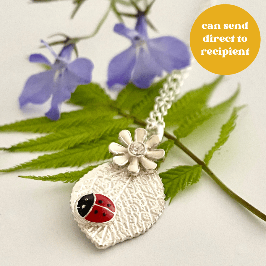 Summer Lady Bird Necklace, Silver Pendant. Daisy Ladybug