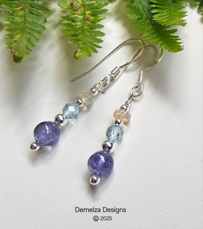 Designer AA Tanzanite, Peridot & Opal Sterling Silver Earrings
