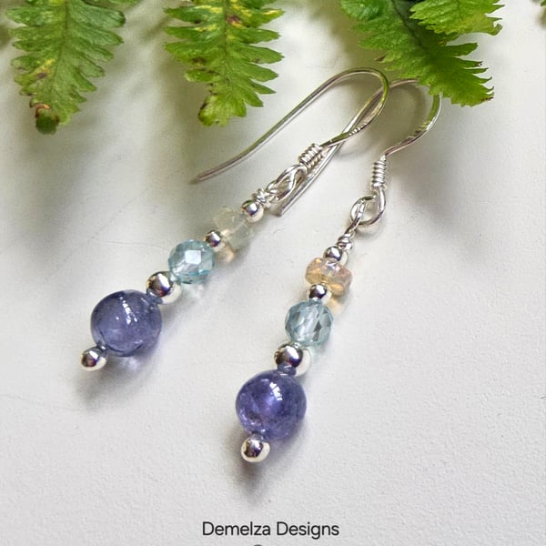 Designer AA Tanzanite, Peridot & Opal Sterling Silver Earrings