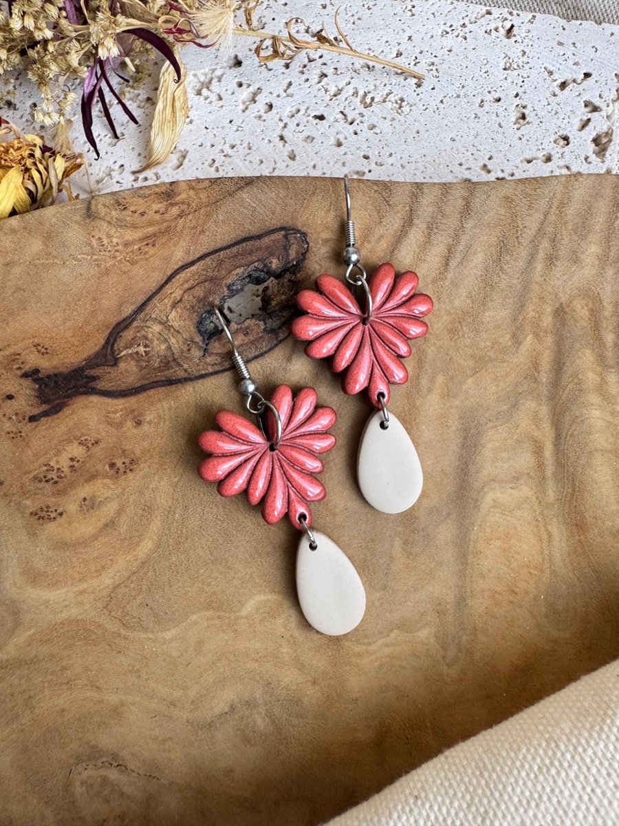 Autumn Shimmer Rust Copper Bloom & Stone Teardrop Polymer Clay Earrings
