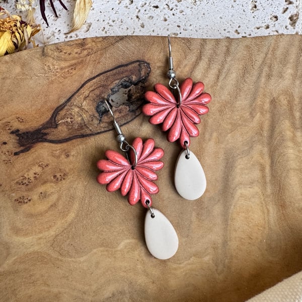 Autumn Shimmer Rust Copper Bloom & Stone Teardrop Polymer Clay Earrings