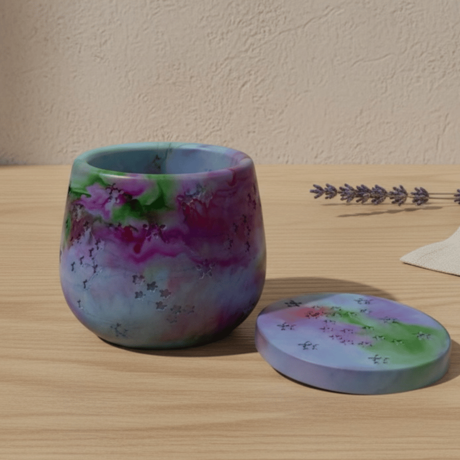 Purple, Green and Blue Marbled Jewellery Box – Handmade Trinket Pot with Lid