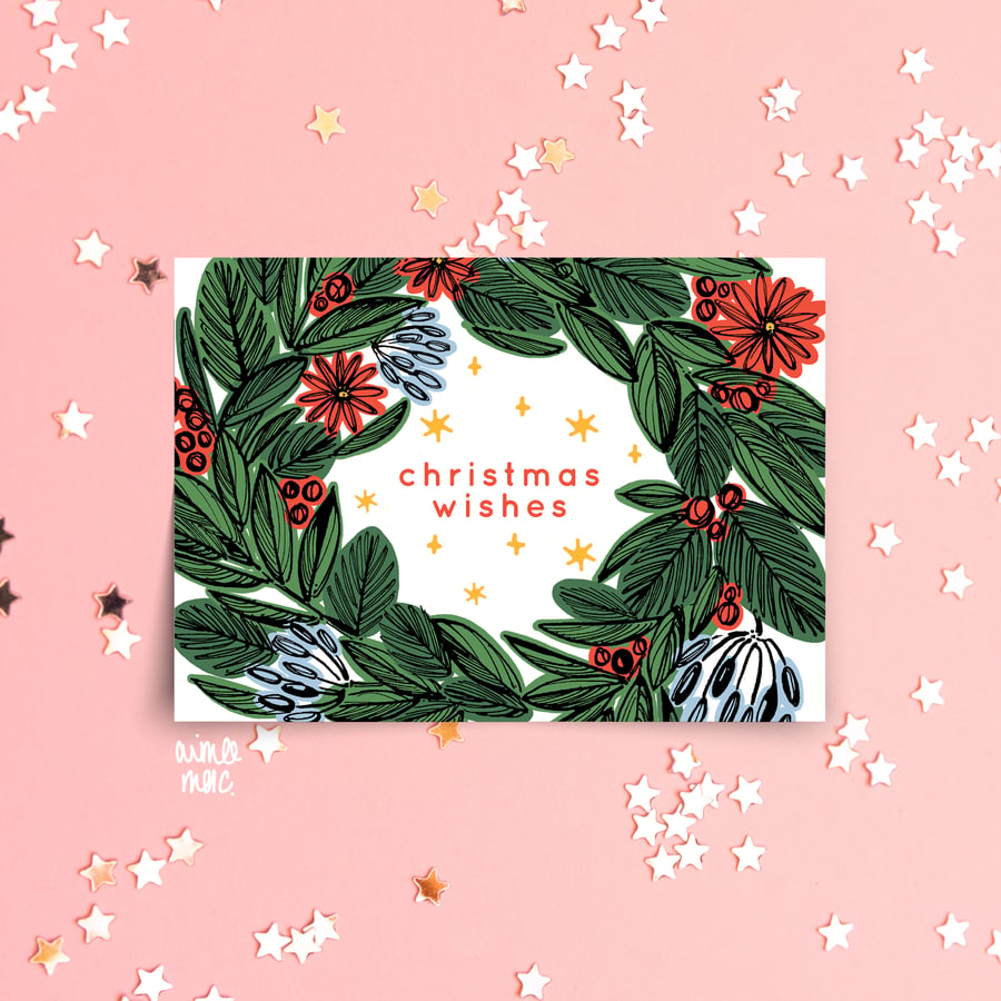 Wreath Christmas Cards, Botanical Christmas Card, Retro Christmas Cards