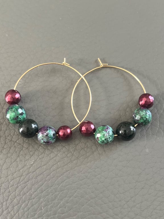 Handmade Gold Hoop Earrings with Ruby Zoisite and Emerald Nile