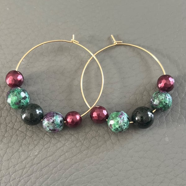 Handmade Gold Hoop Earrings with Ruby Zoisite and Emerald Nile