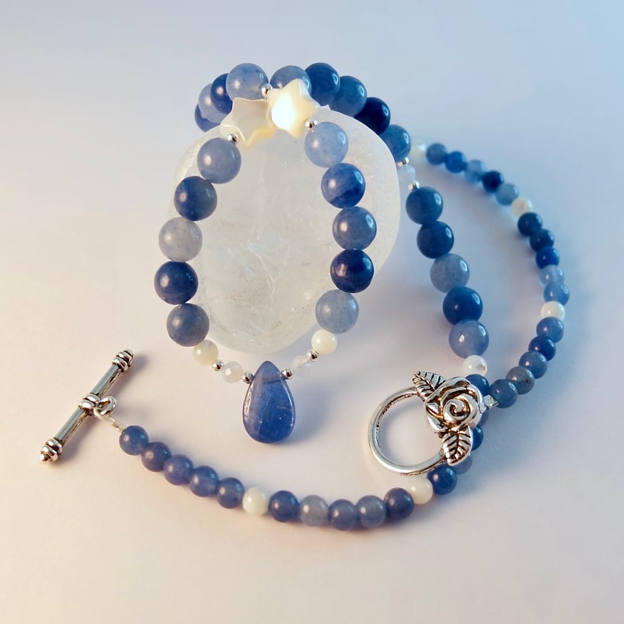 Blue Aventurine Necklace With Kyanite Drop - Handmade Gift, Anniversary, Wedding
