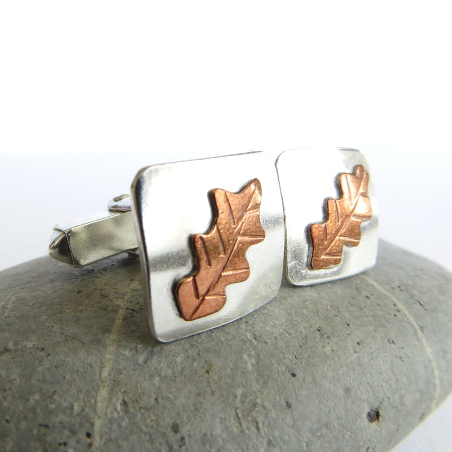 Silver and Copper Cufflinks, Oak Leaf Design, 7th anniversary gift