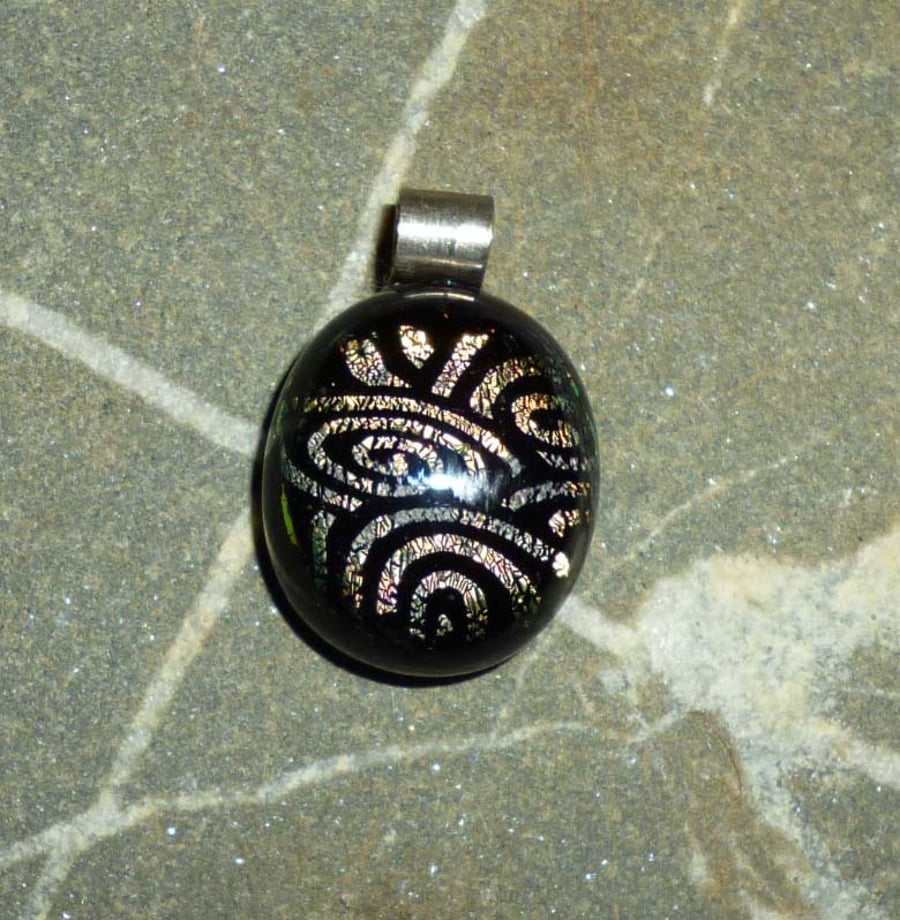 Handmade kiln formed etched dichroic pendant- black & warm gold