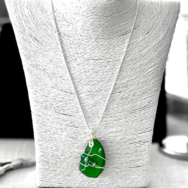 Green Seaglass Pendant on sterling silver chain