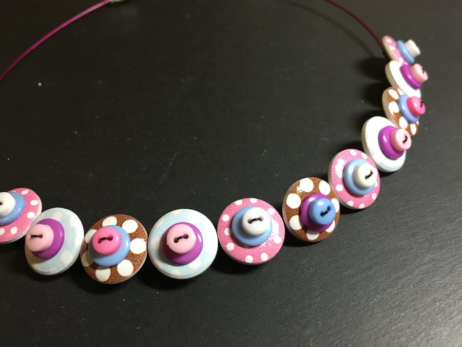 Button Necklace Spotted Wooden Choker  Neapolitan Pink Blue Brown