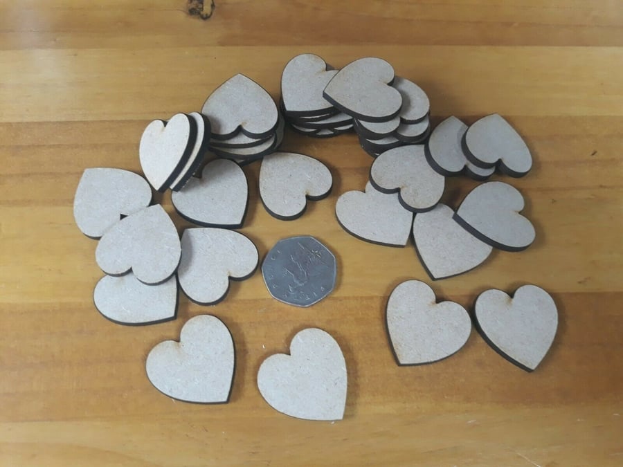 40x wooden heart shapes laser cut mdf. blank embellishments craft 30mm x 30mm