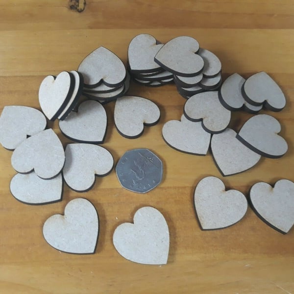 40x wooden heart shapes laser cut mdf. blank embellishments craft 30mm x 30mm