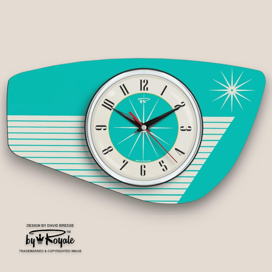 Mid Century Modern Royalexe Laminate Clock By Royale - Radio Grill in Turquoise