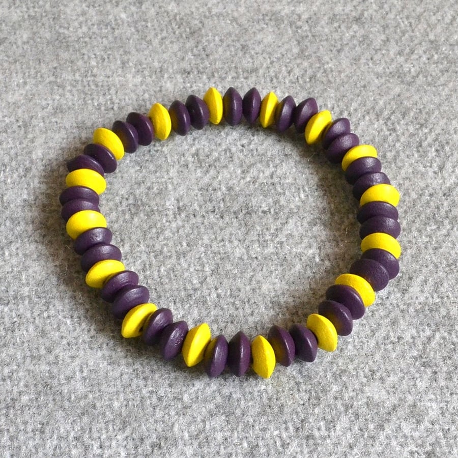 Purple and Yellow Wooden Rondelle Bead Elastic Bracelet