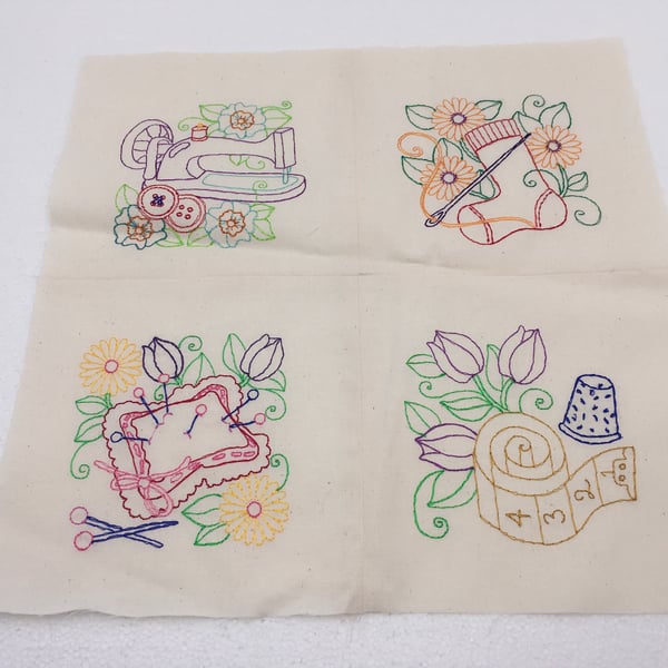 5 Embroidered 13” squares. Multi-line Sewing Room Designs. Stash-buster.