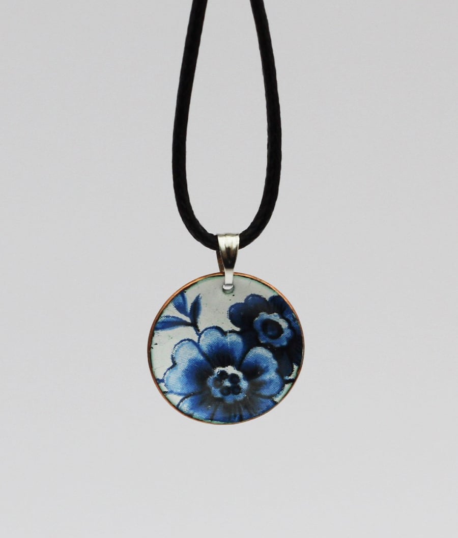 Blue floral enamel pendant