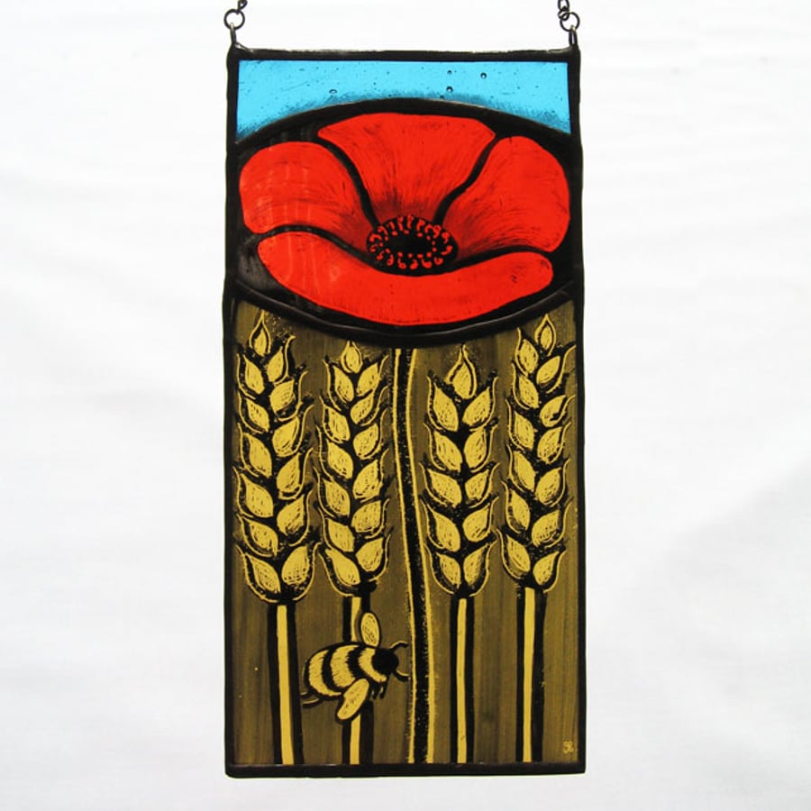 Poppy, Wheat & Bumble Bee Stained Glass Panel