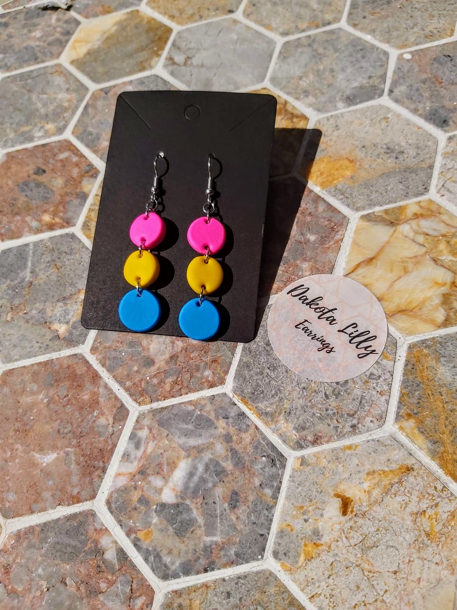 Pansexual flag colours, polymer clay triple drop hook earrings