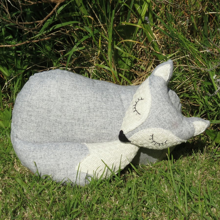 Grey fox. A snoozy fox cushion.  Fox pillow.