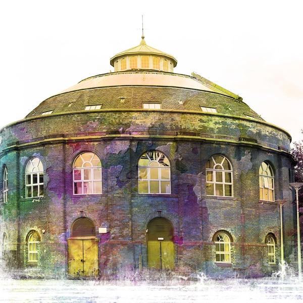 outhern Rotunda, Glasgow Clydeside (watercolour overlay) Mounted ready to frame