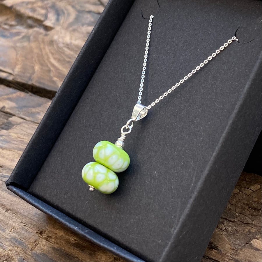 Mini lampwork pendant on sterling silver necklace. Like green & white. 