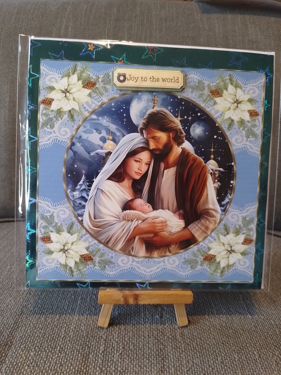 Birth Of Jesus with Poinsettia frame handmade Christmas card