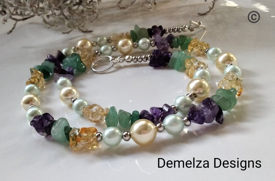 Amethyst,  Citrine, Aventurine & Shell Pearl Necklace 