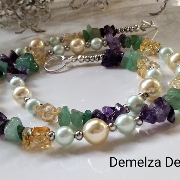 Amethyst,  Citrine, Aventurine & Shell Pearl Necklace 