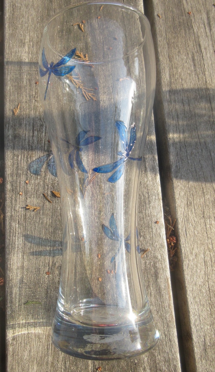 Glass Vase with hand painted dragonflies in iridescent blues 