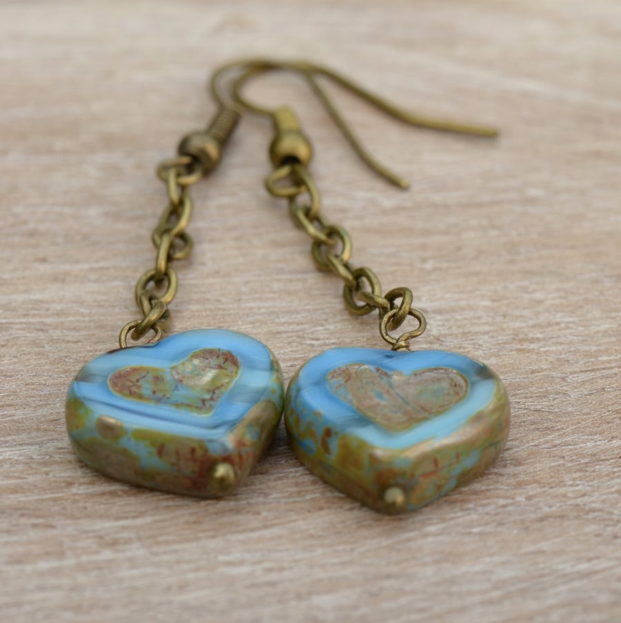 Blue Czech Glass Heart Bead and Chain Earrings