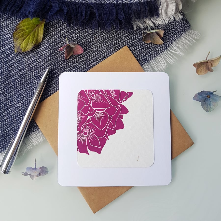 Hydrangea Greetings Card, Handmade Botanical Linocut Card