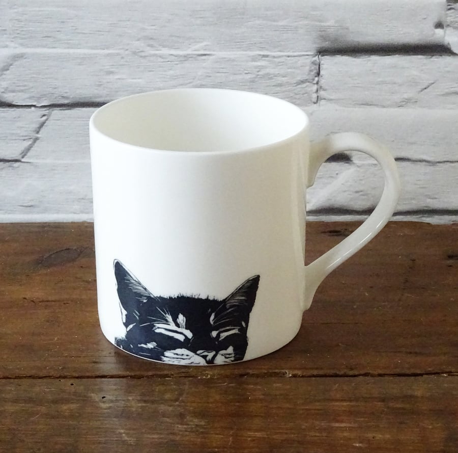 Ceramic Black Cat Mug - cute cat, cat lover gift, cat mum dad, sleeping cat
