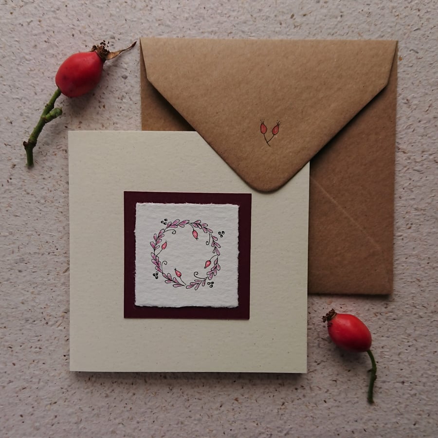 Autumn card - rose hip wreath - hand painted - blank inside - eco friendly