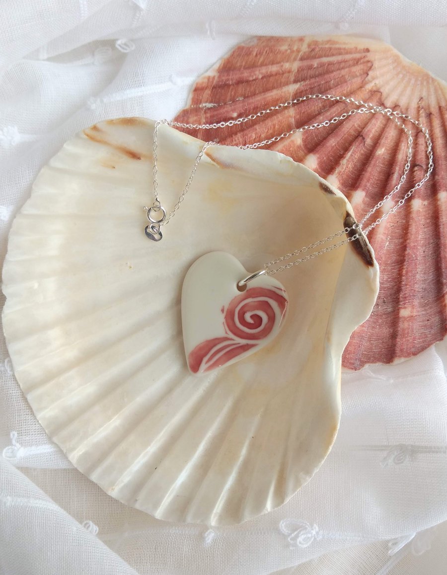 Porcelain Ceramic Heart Necklace with Pink Wave Design on Sterling Silver Chain 