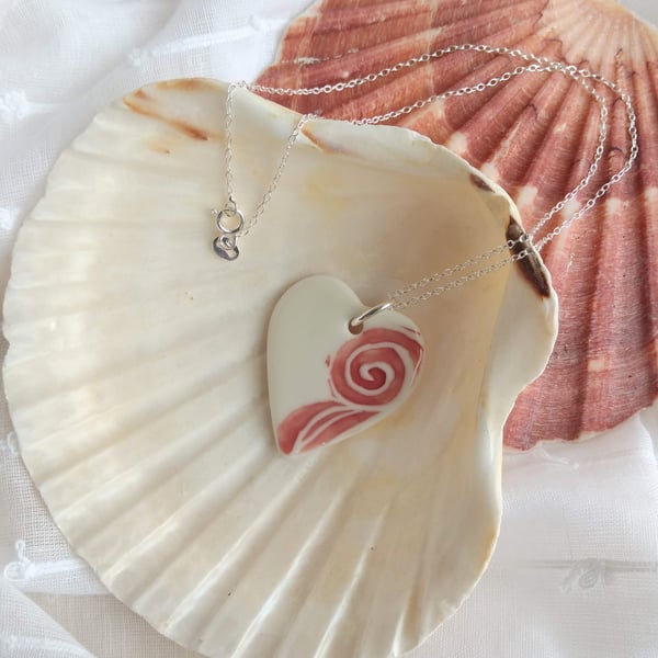Porcelain Ceramic Heart Necklace with Pink Wave Design on Sterling Silver Chain 