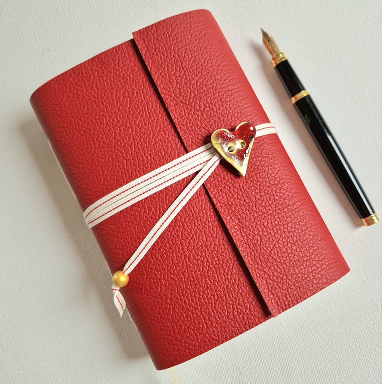 Red Leather Art Nouveau Journal with Ceramic Button, valentine gift, A6
