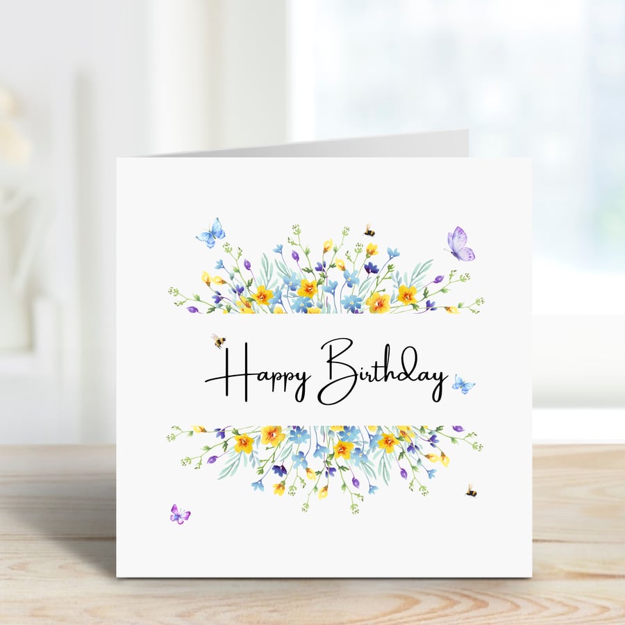 Happy birthday card with wildflower and  butterfly