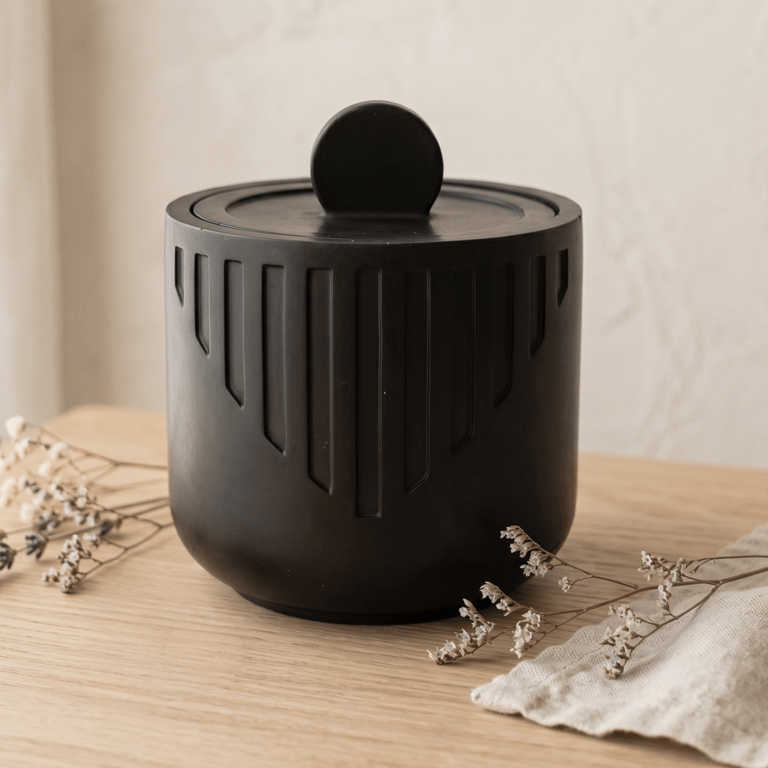 Satin Black Round Jewellery Box with Lid Modern Geometric Trinket Pot