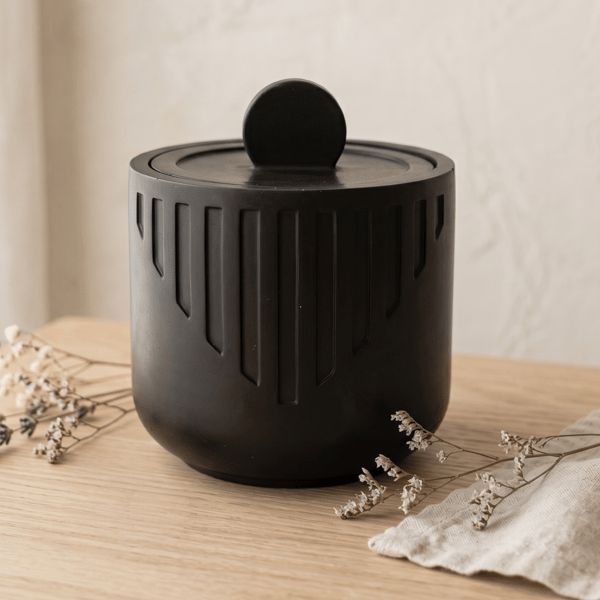 Satin Black Round Jewellery Box with Lid Modern Geometric Trinket Pot
