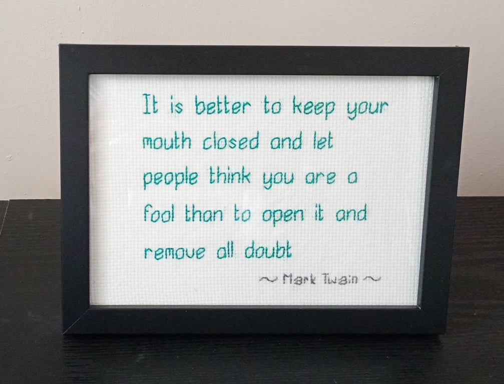 Handmade Framed Cross Stitch – Witty Mark Twain Quote –  7x5